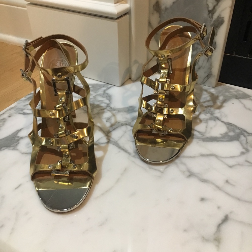 Tory Burch gold metallic caged heels